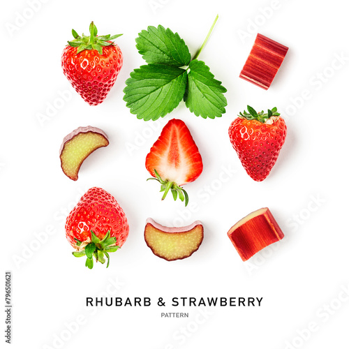Raw rhubarb slice and strawberry pattern isolated on white background.