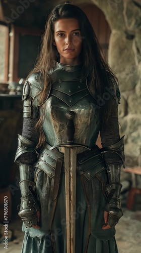 a beautiful woman in armor showing off a badass sword, Fantasy style