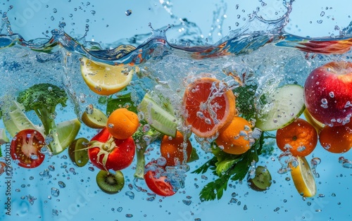 An invigorating underwater scene capturing an array of fruits and vegetables mid-splash  creating a dynamic array of bubbles and ripples against a blue backdrop.