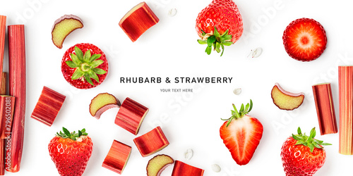 Raw rhubarb stem slice and strawberry isolated on white background.