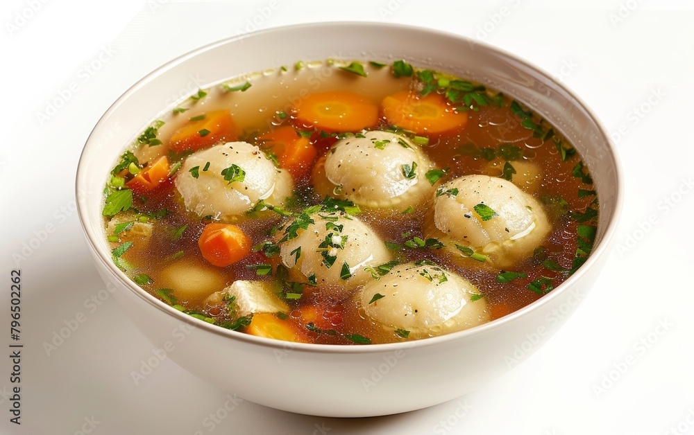 Delightful matzo ball soup served in a white bowl, enriched with carrot rounds and chopped parsley, offering a taste of home comfort. Delightful matzo ball soup served in a white bowl, enriched with carrot rounds and chopped parsley, offering a taste of home comfort.
