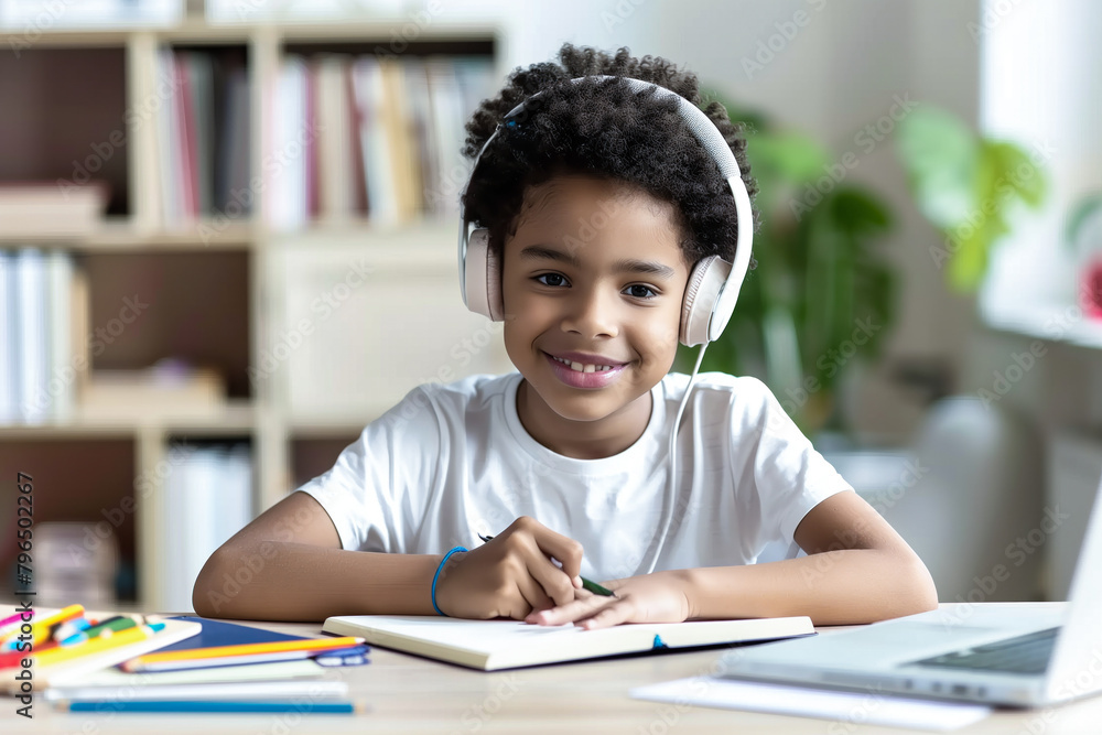 Happy boy studying with headphones Happy boy studying with headphones