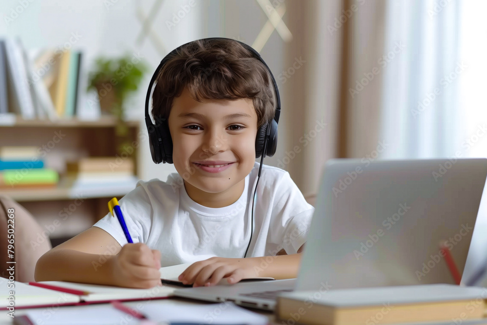 Child with headphones in e-learning Child with headphones in e-learning