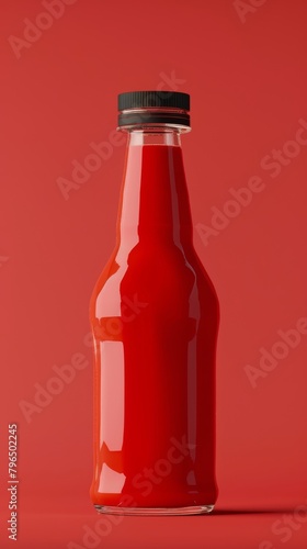 A bottle of red hot sauce with a dark cap pops against a red monotone background, highlighting its sleek design.