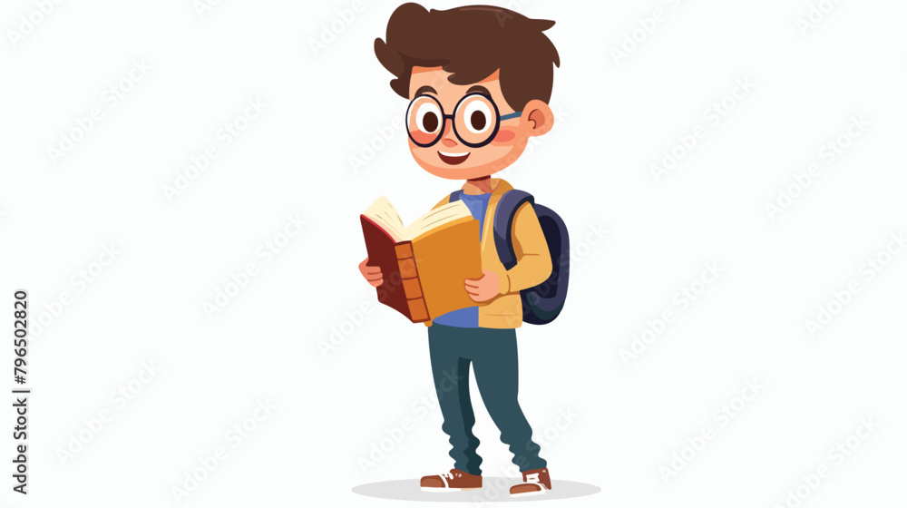 the student holds an open book in his hands.boy stand