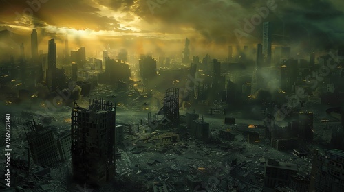 A post-apocalyptic city with a destroyed cityscape  overgrown with vegetation and ruins.