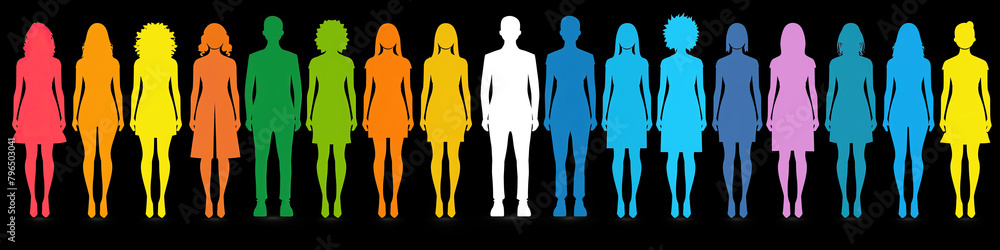 Vibrant spectrum of colorful silhouetted figures against a stark black background. A row of diverse, vibrant silhouettes stands side by side, creating a rainbow of human shapes. Vibrant spectrum of colorful silhouetted figures against a stark black background. A row of diverse, vibrant silhouettes stands side by side, creating a rainbow of human shapes.
