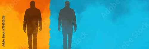 The Enigmatic Figure Before the Vibrant Wall. A person with an unknown identity is standing in front of a striking blue and yellow wall, creating a contrast of colors and mystery