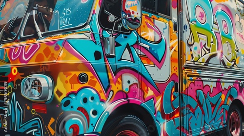A photo of a graffiti covered van with bright colors and a lot of detail photo