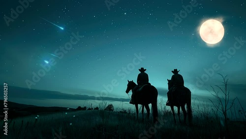 two man ride horse in journey or adventure at night watch falling stars video animation background looping 4k photo