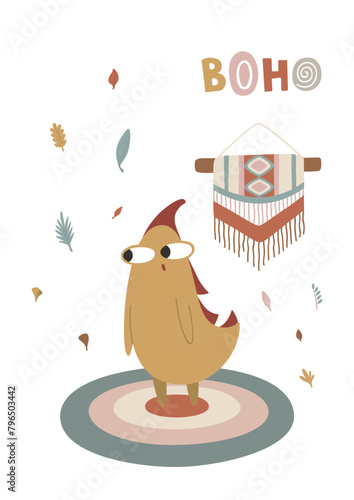 Cute dinosaur, boho concept. Template for banner, poster, notepad, printing. Vector illustration in flat modern style.
