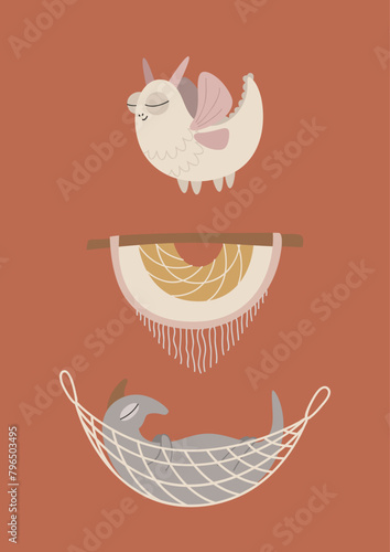 Cute dinosaur, boho concept. Template for banner, poster, notepad, printing. Vector illustration in flat modern style.