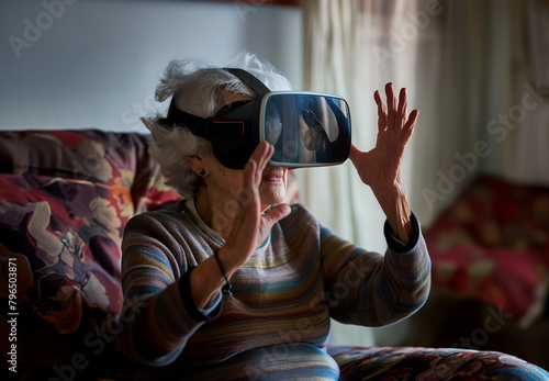 Old lady uses VR headset at her home. Virtual reality, videogames, recreational activities, style, generations, futuristic, technologies. Solitude, connection, internet, cyberpunk.
