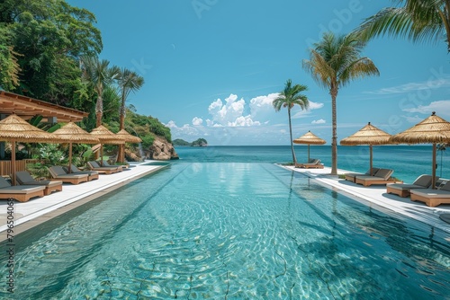 A panoramic view of the resort's pool and beach, with palm trees in the background.