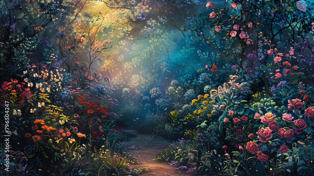 A whimsical garden blooming with fantastical flora, bathed in the gentle gradient of an enchanted twilight, where imagination knows no bounds.