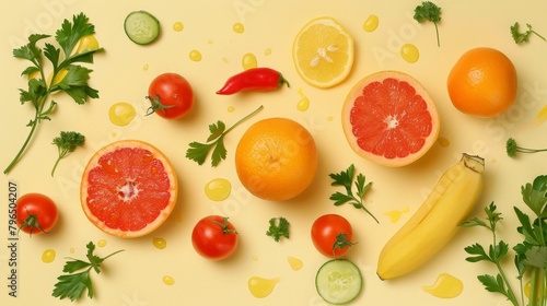 A colorful assortment of fruits and vegetables, including oranges, grapefruit, banana