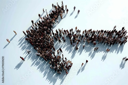Aerial view of a crowd grouped in the shape of an arrow sign