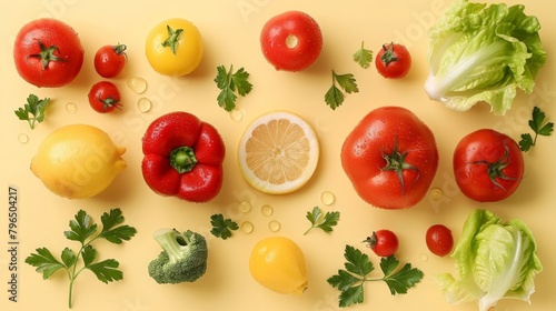 A colorful assortment of fruits and vegetables, including oranges, grapefruit, tomato