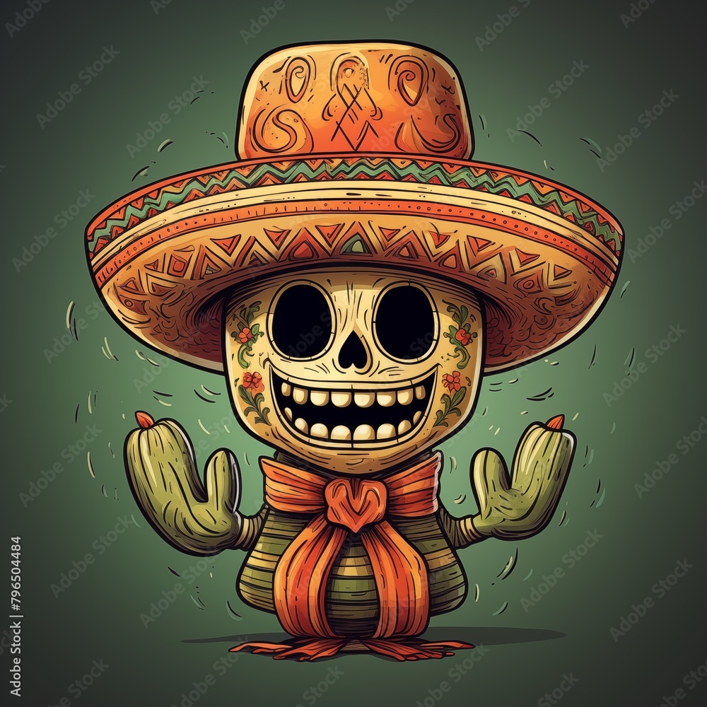 Stylized Cartoon Illustration of Friendly Skeleton in Colorful Sombrero Stylized Cartoon Illustration of Friendly Skeleton in Colorful Sombrero