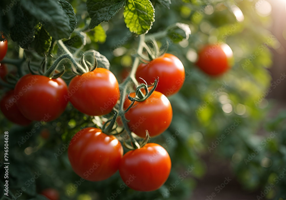 Ripe tomato cluster in greenhouse. Autumn vegetable harvest on organic farm.