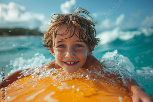 portrait of a happy child having fun on a bodyboard in the waves on a summer holiday