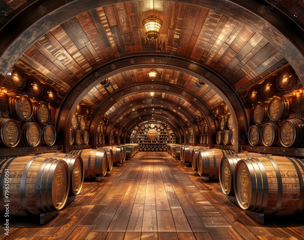 Wine cellar with vaulted ceiling filled with wooden barrels