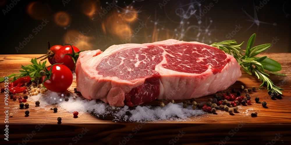 Raw Fresh Meat Beautifully Arranged on a Wooden Chopping Board with Red Chilli and Black Pepper, Enhanced by the Dark Background, Showcasing a Prime Ribeye Steak