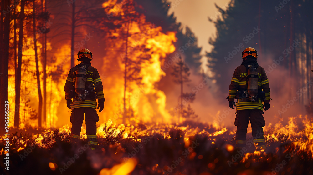 Firefighters standing in front of forest fire..
