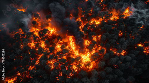  aerial view of wildfire spreading through a large forest, summer fire season. photo