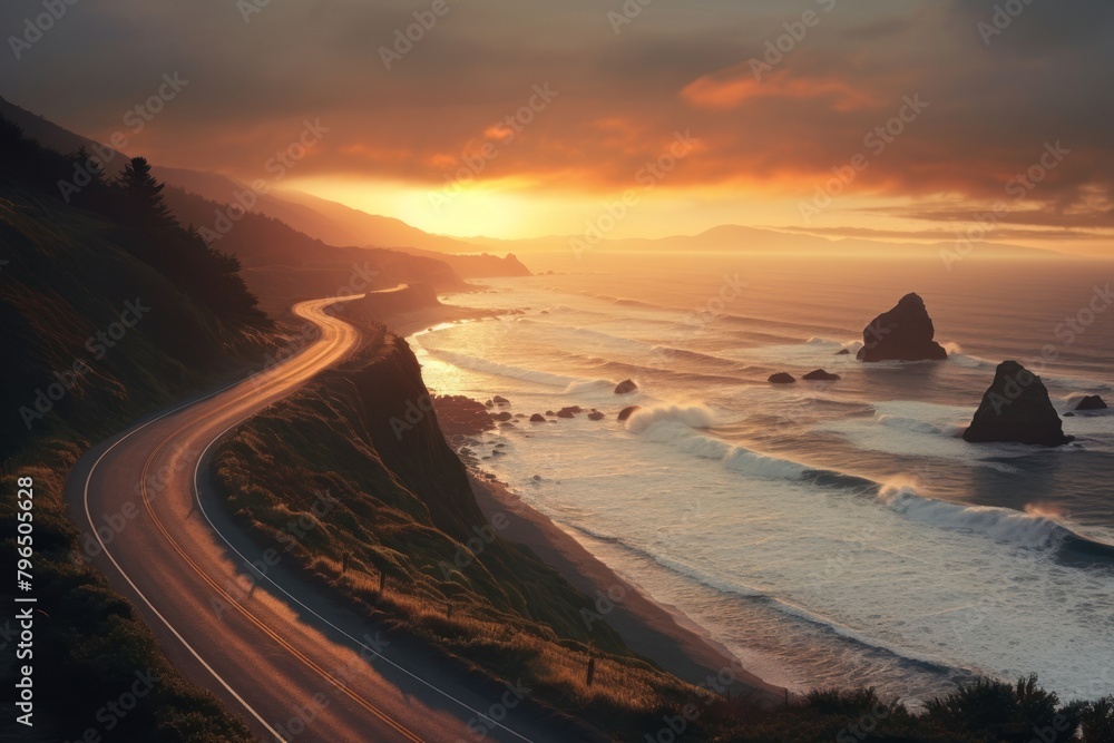 Fototapeta premium Ocean sunset road landscape outdoors horizon