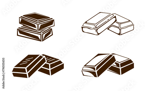 Set of illustrations of a chocolate bar icon. Hand drawn outline, broken dark slab of milk or dark bitter chocolate, stack of sweet cocoa candy blocks, square shaped cocoa dessert bars