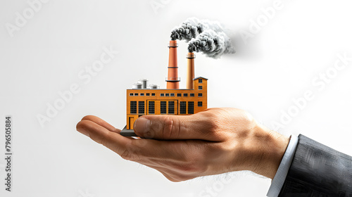 Hand of a businessman holding a miniature factory or a model of a factory smoking. Concept of work, entrepreneurship, industry and new jobs. 