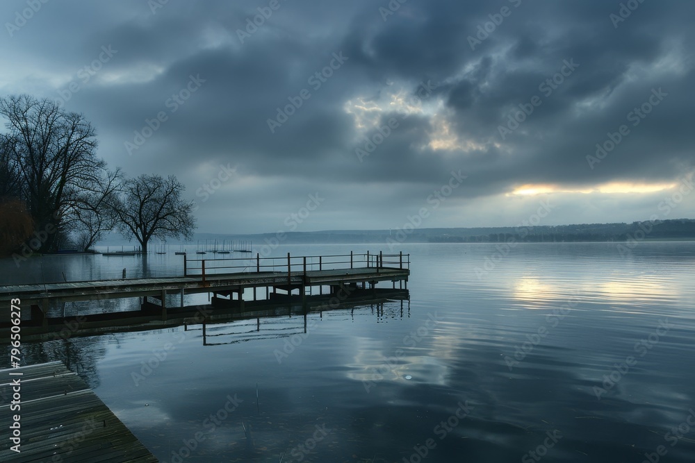 Mystic Lake at Dawn: Tranquil Waters Under Brooding Skies Mystic Lake at Dawn: Tranquil Waters Under Brooding Skies