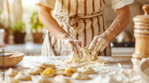 Woman kneading dough for Italian Grissini at white table photo