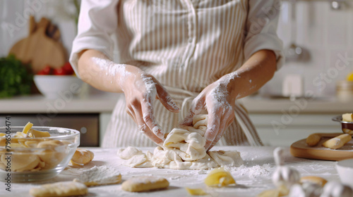 Woman kneading dough for Italian Grissini at white table