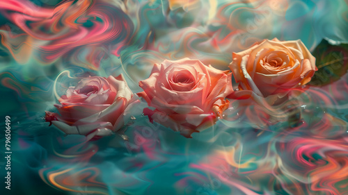 A surrealistic composition featuring floating red roses against a backdrop of swirling colors. Ai generated