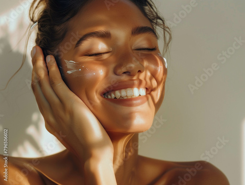 A woman smiling while touching her flawless glowy skin with copy space for your advertisement. Ai generated