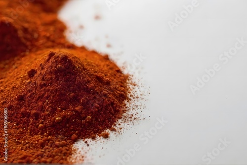 A pile of red ascian spices on the ground with a white background.