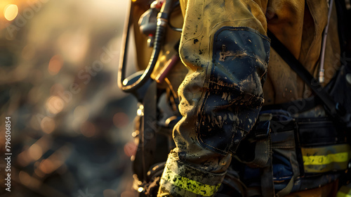 A close-up shot of a firefighter's soot-stained gear and tools, highlighting the human effort in combating wildfires, with shallow depth of field and dramatic lighting to convey the intensity of the b