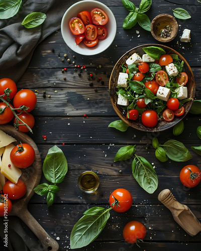 Top view of table with tomato and cheese salad