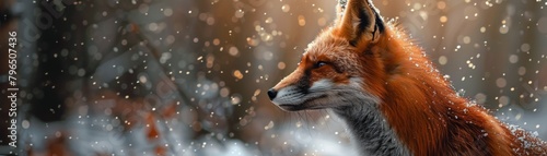 A fox is standing in the snow with its head tilted to the side photo