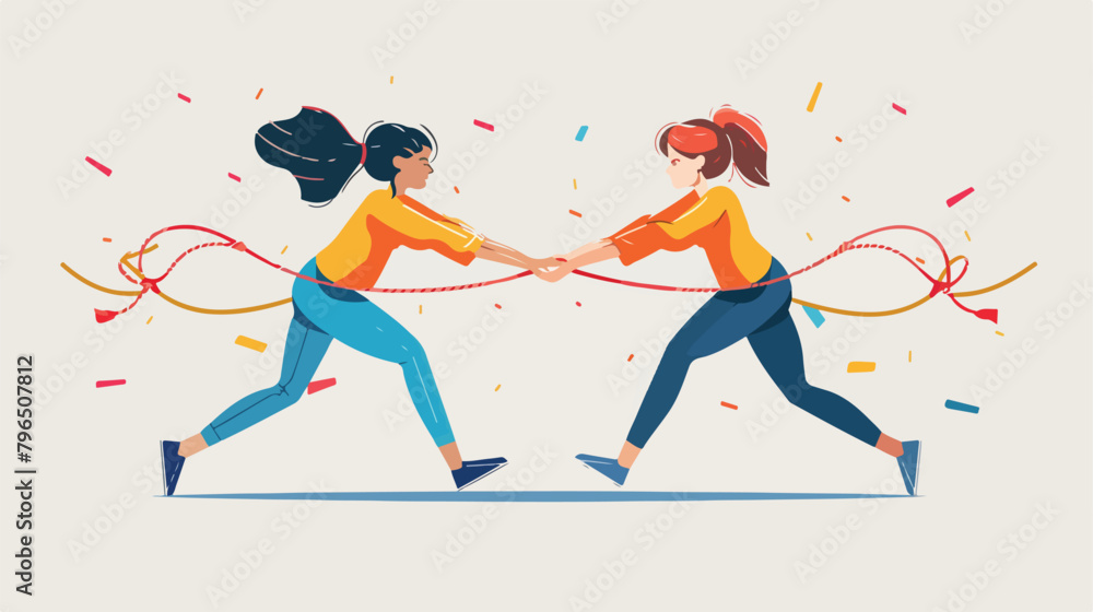 Two women tug of war and look at each other. Business