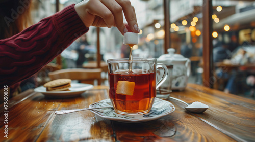 Woman putting sugar cube into cup of Turkish tea  photo
