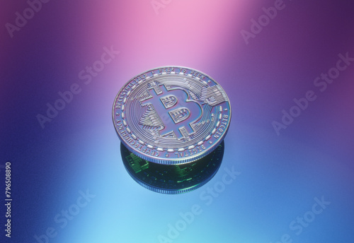 A hovering Bitcoin, btc, reflects in the glass, displaying the green glowing blockchain architecture on a minimalist, colorful, clean tech surface. (ID: 796508890)