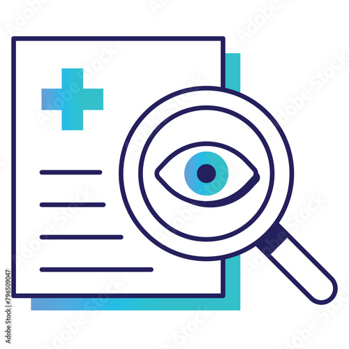 Conduct meticulous examination and analysis of medical documents with a magnifying glass focused on an eye, ensuring thorough scrutiny and diagnosis.