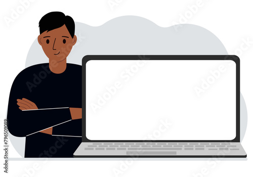 Man crossed his arms near the laptop. The laptop is large and there is room for a test. Vector flat illustration