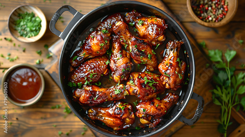 Baked chicken wings in pan on wooden table, Top view