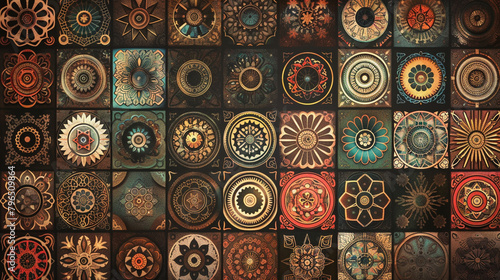 Mandala patterns in earthy tones, arranged in a grid on a square background. © Najaf