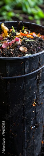 A black plastic container filled with dirt and leaves