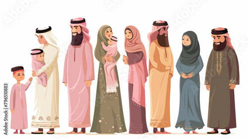 Vector cartoon Arab family characters set. Happy Saud photo